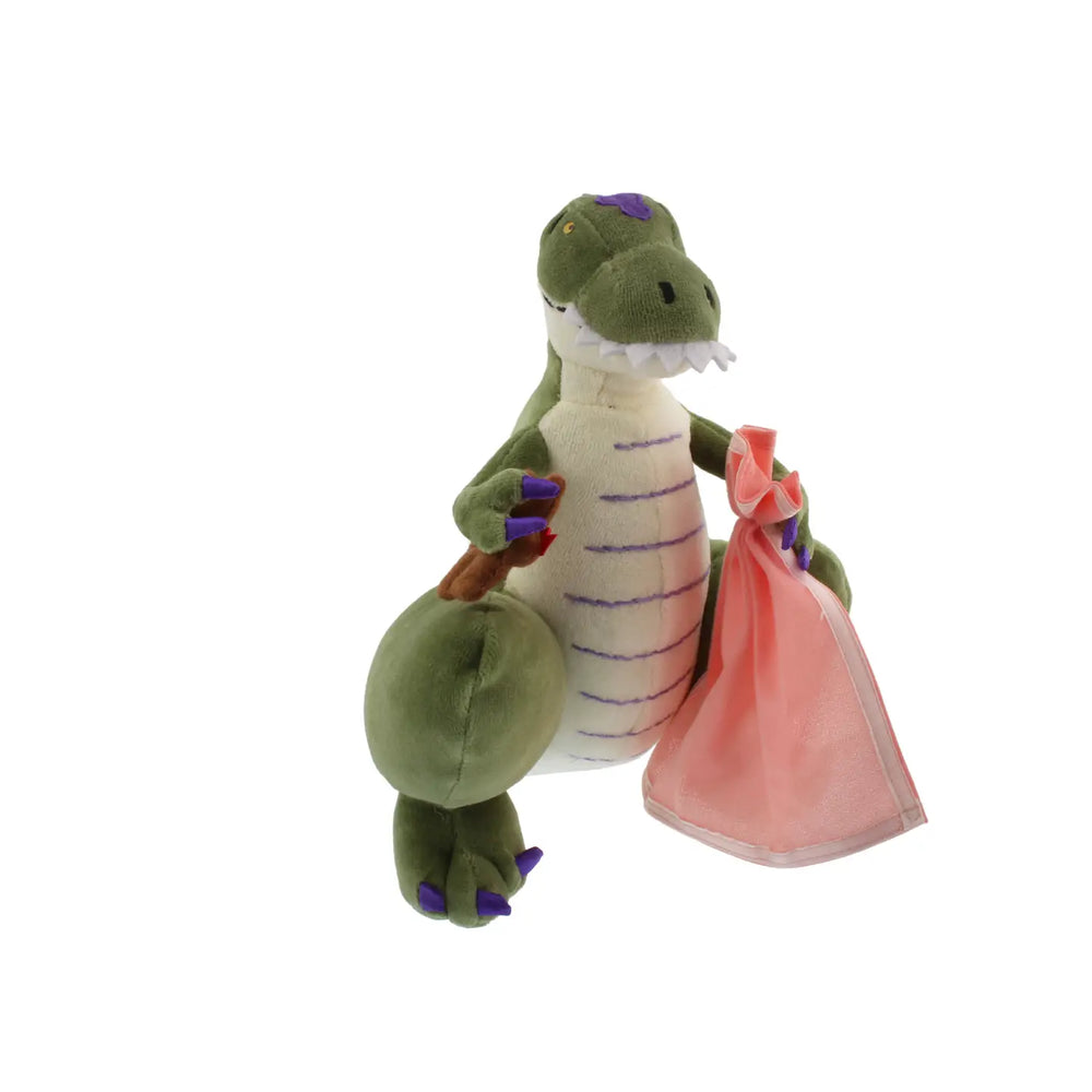 Plush toy dragon holding a pink blanket on a white background