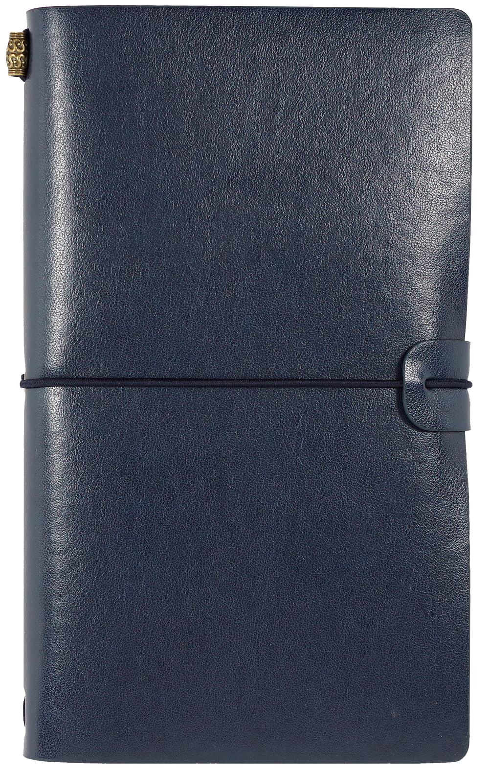 Navy blue leather notebook with a strap closure on a white background