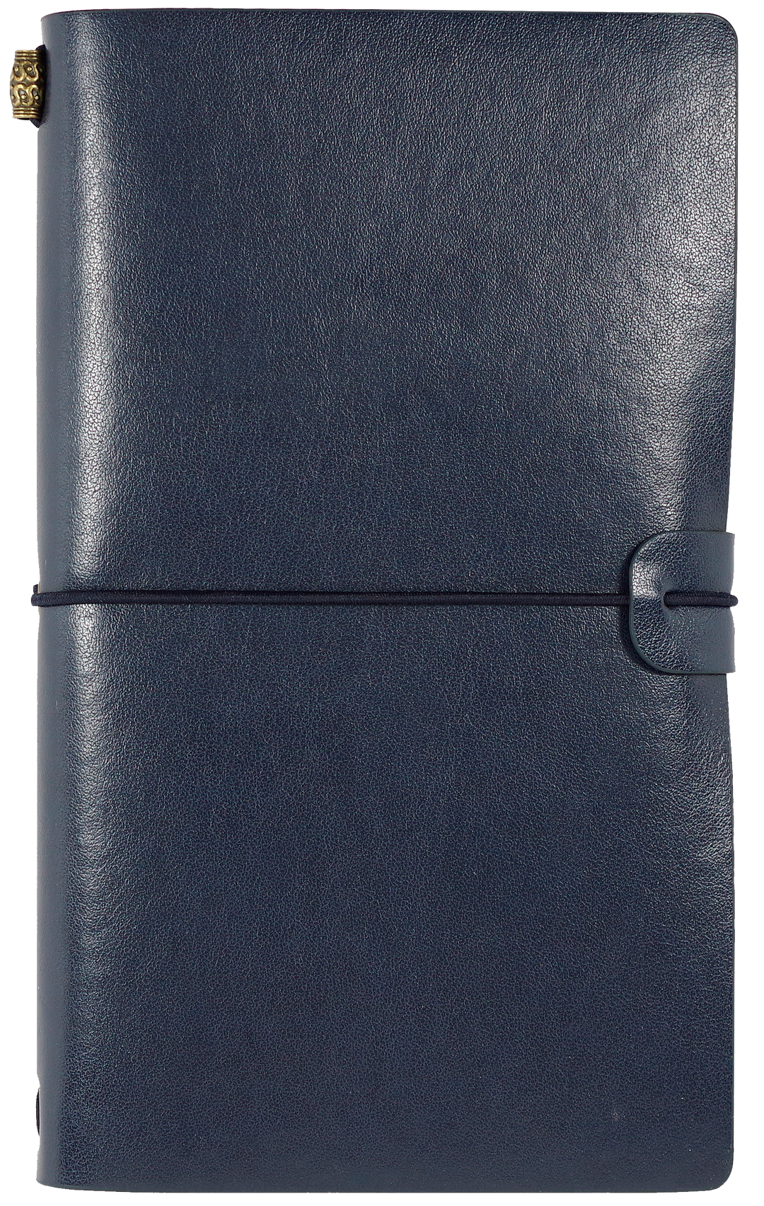 Navy blue leather notebook with a strap closure on a white background