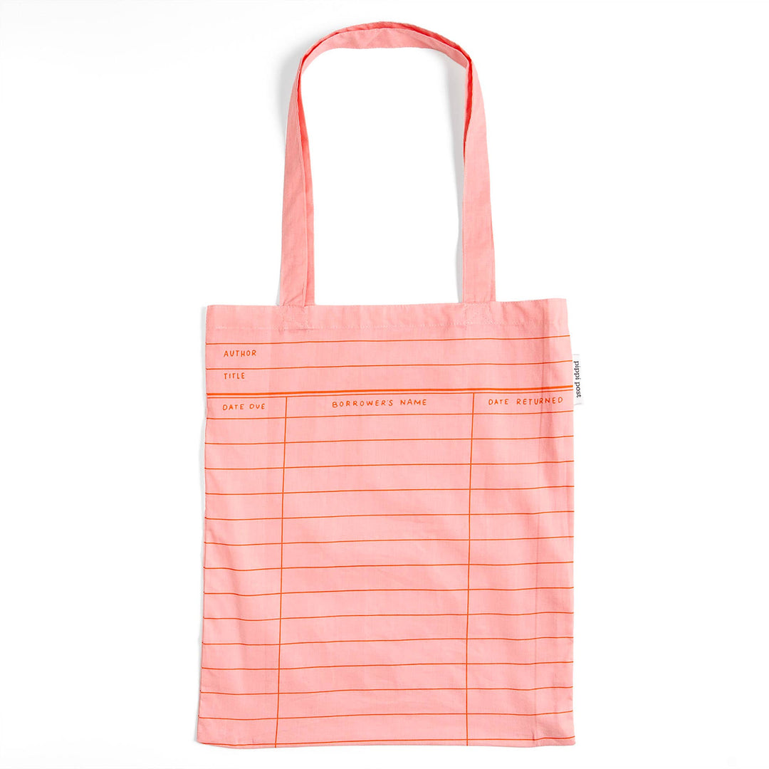 Pink tote bag with grid pattern on a white background