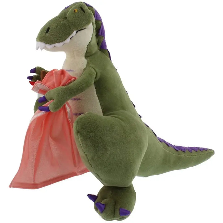 Plush dinosaur toy holding a pink blanket on a white background