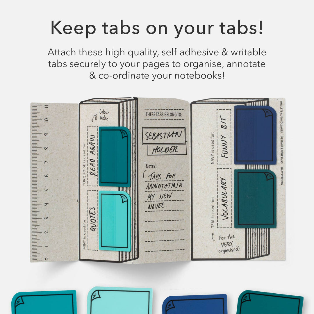 Open notebook with adhesive tabs and text describing the product