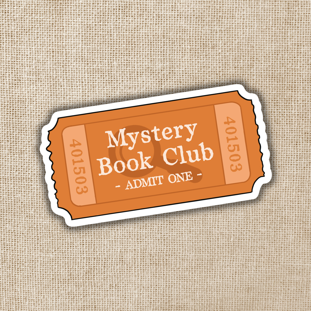 Ticket-style sticker for Mystery Book Club on a textured beige background