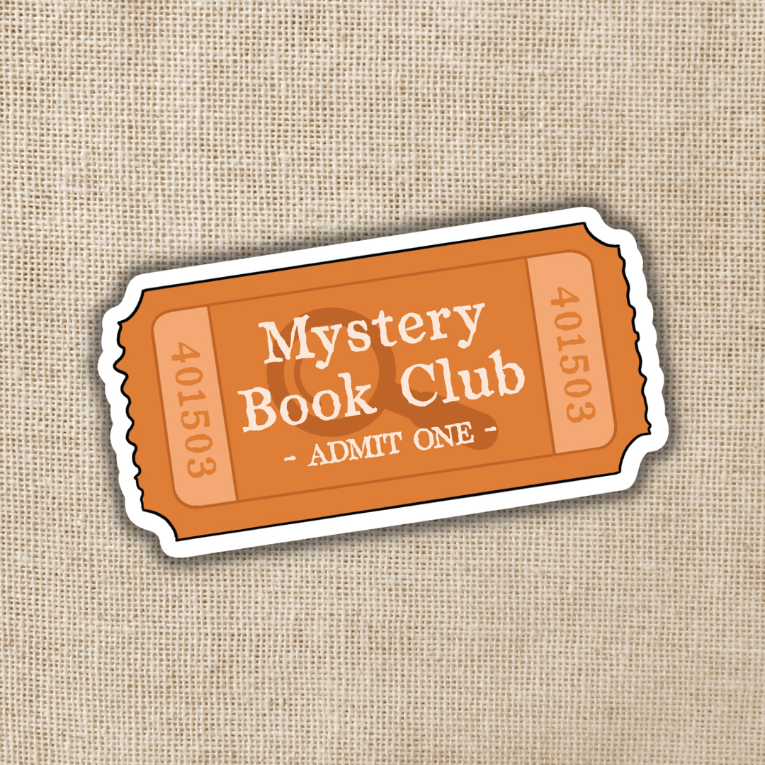 Ticket-style sticker for Mystery Book Club on a textured beige background