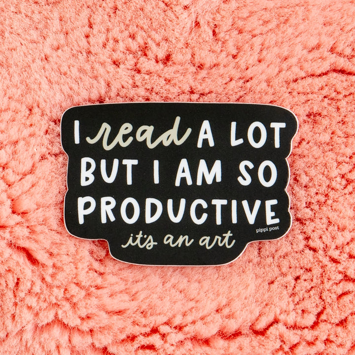 Black sticker with text on a pink textured background