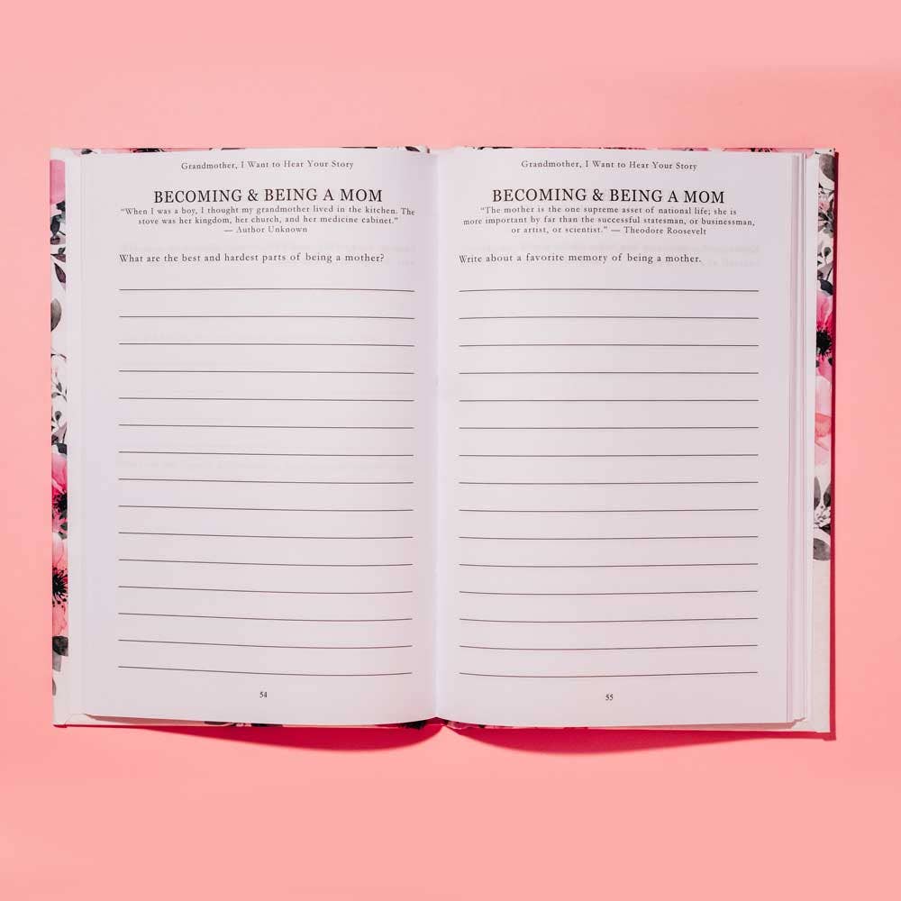 Open book with lined pages on a pink background