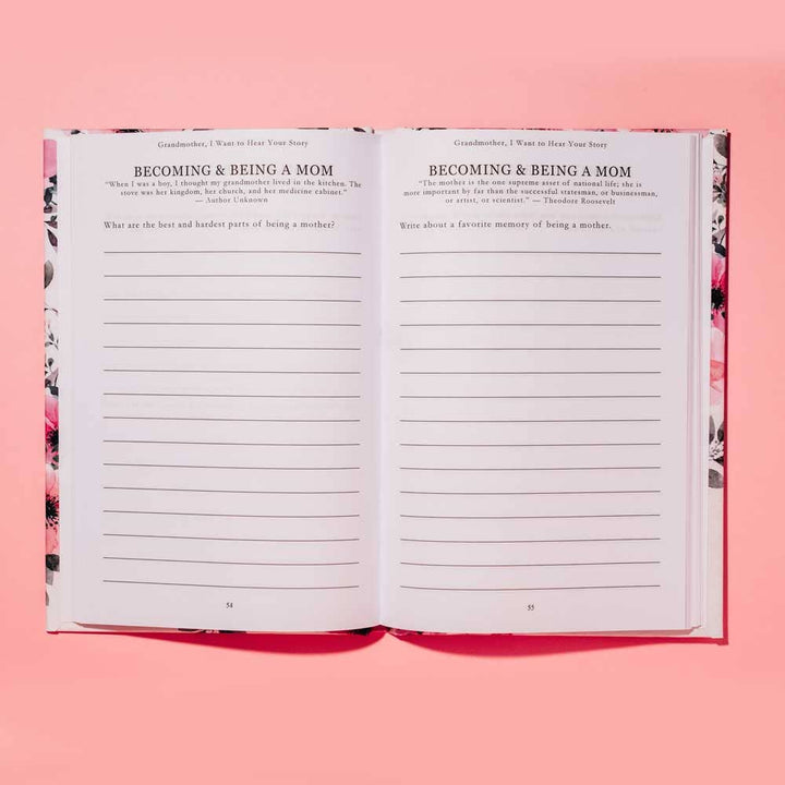 Open book with lined pages on a pink background