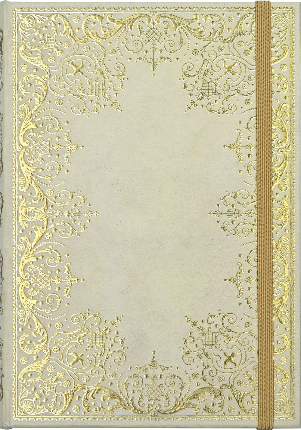 Decorative notebook with gold embossed patterns on a beige background