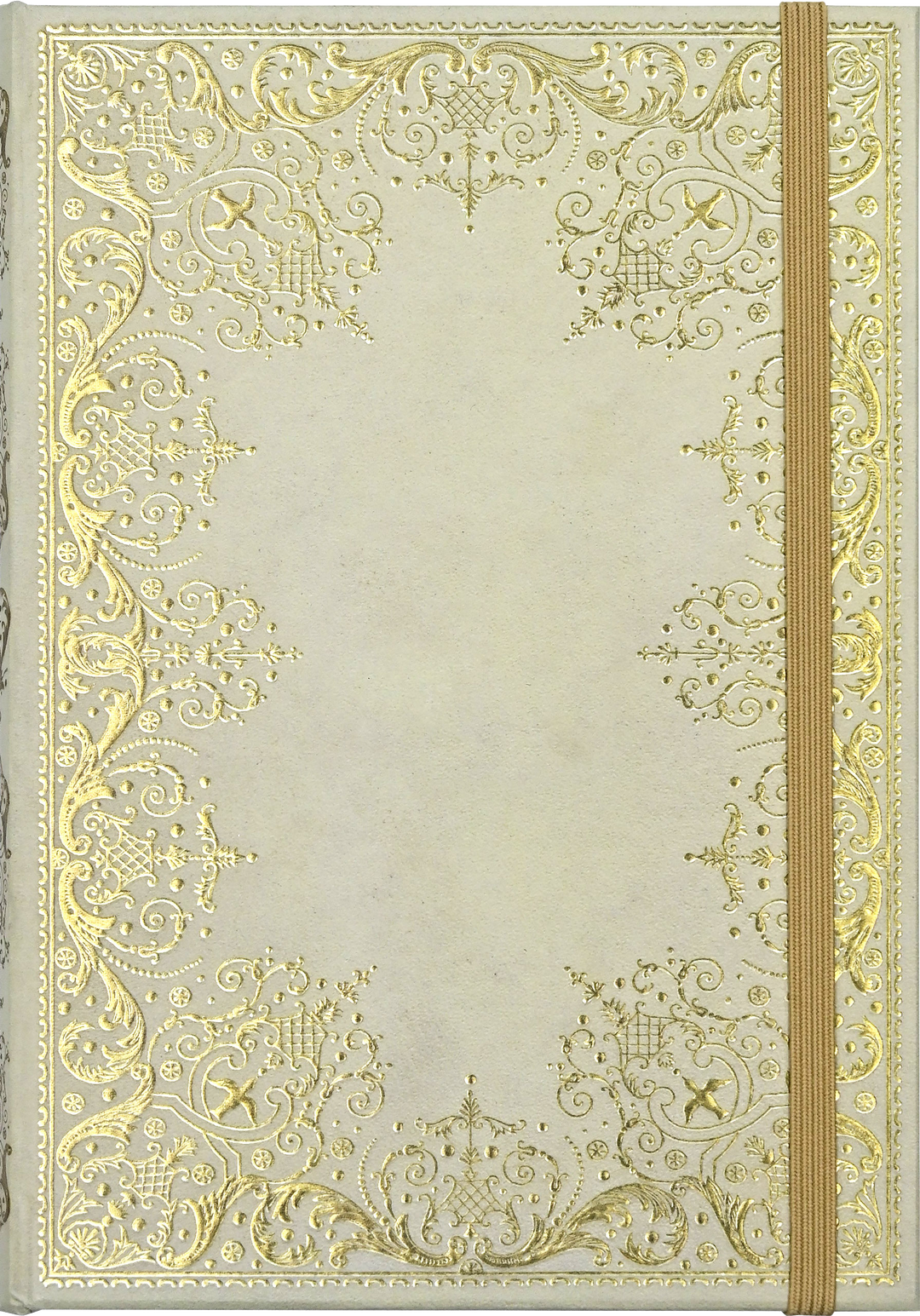 Decorative notebook with gold embossed patterns on a beige background