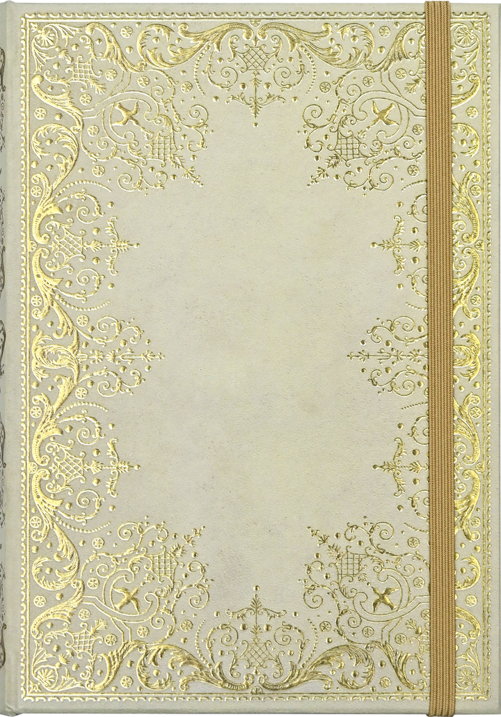 Decorative notebook with gold embossed patterns on a beige background