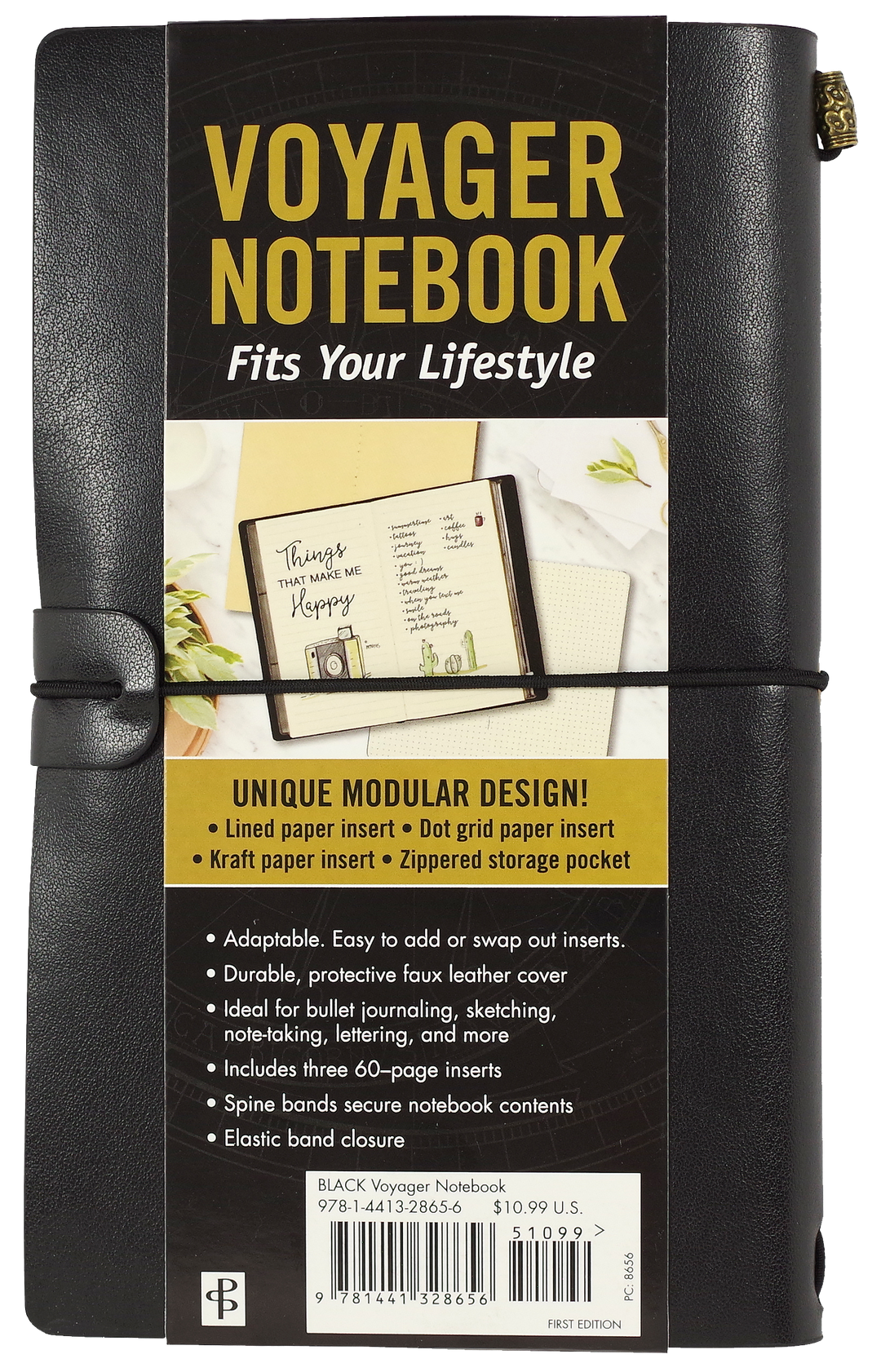 Black Voyager Notebook with yellow text on packaging
