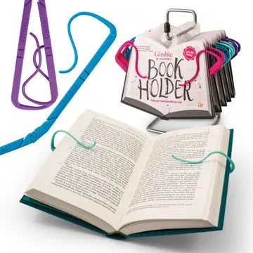 Book holder with colorful straps and an open book on a white background
