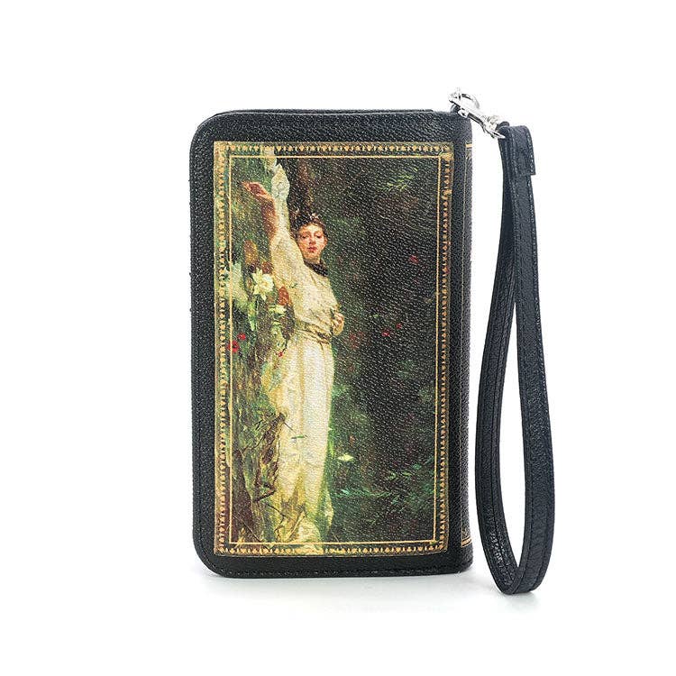 Wristlet with a painting of a woman in a garden design on a white background