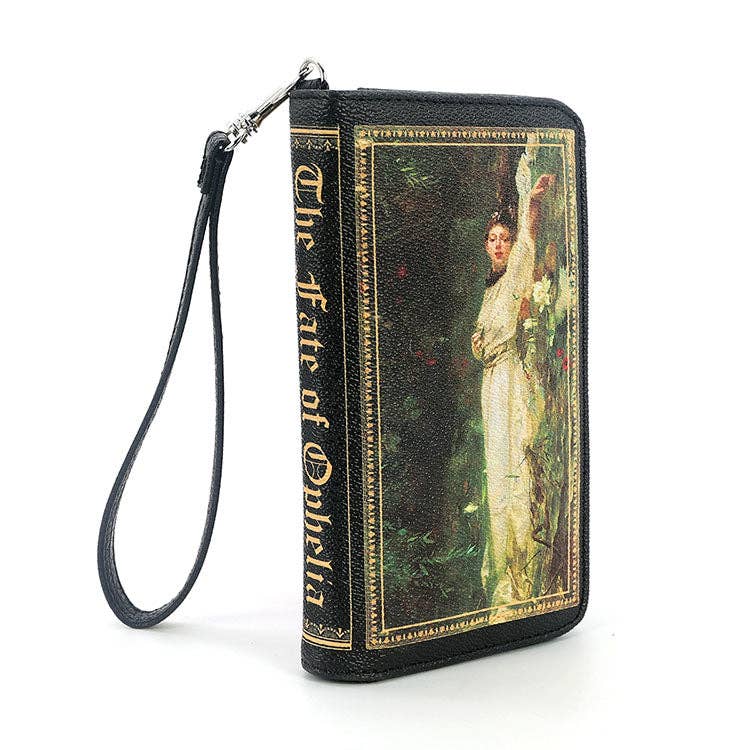 Black wallet with a painting of a woman and text on a white background