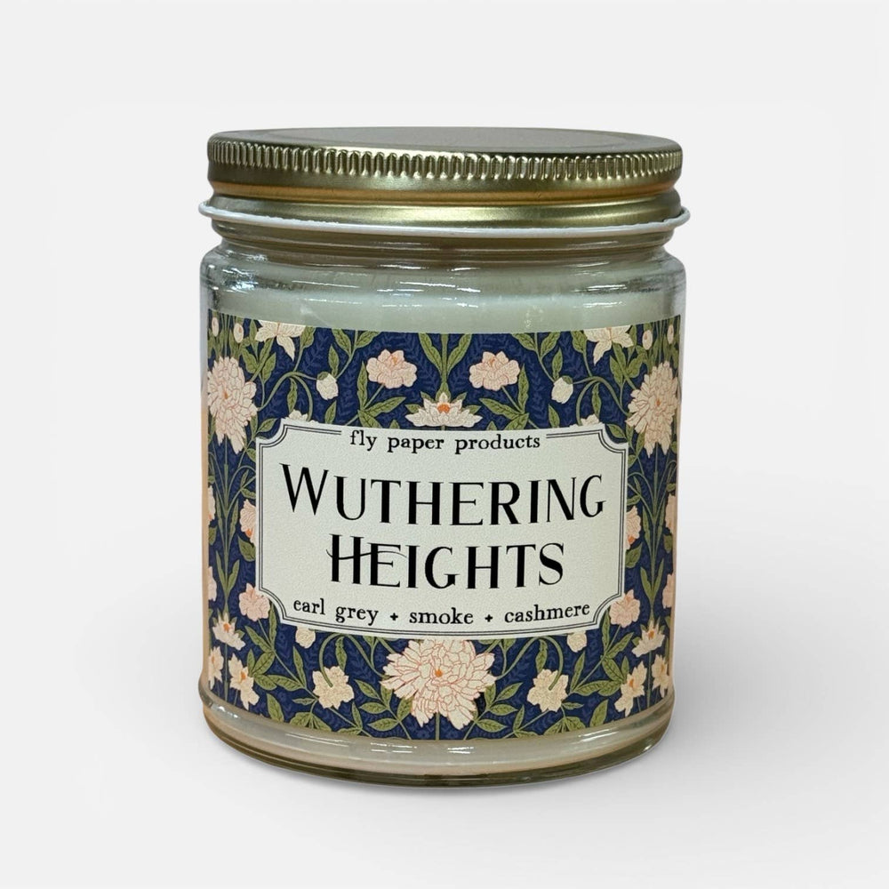 Candle jar labeled 'Wuthering Heights' with floral design on a white background