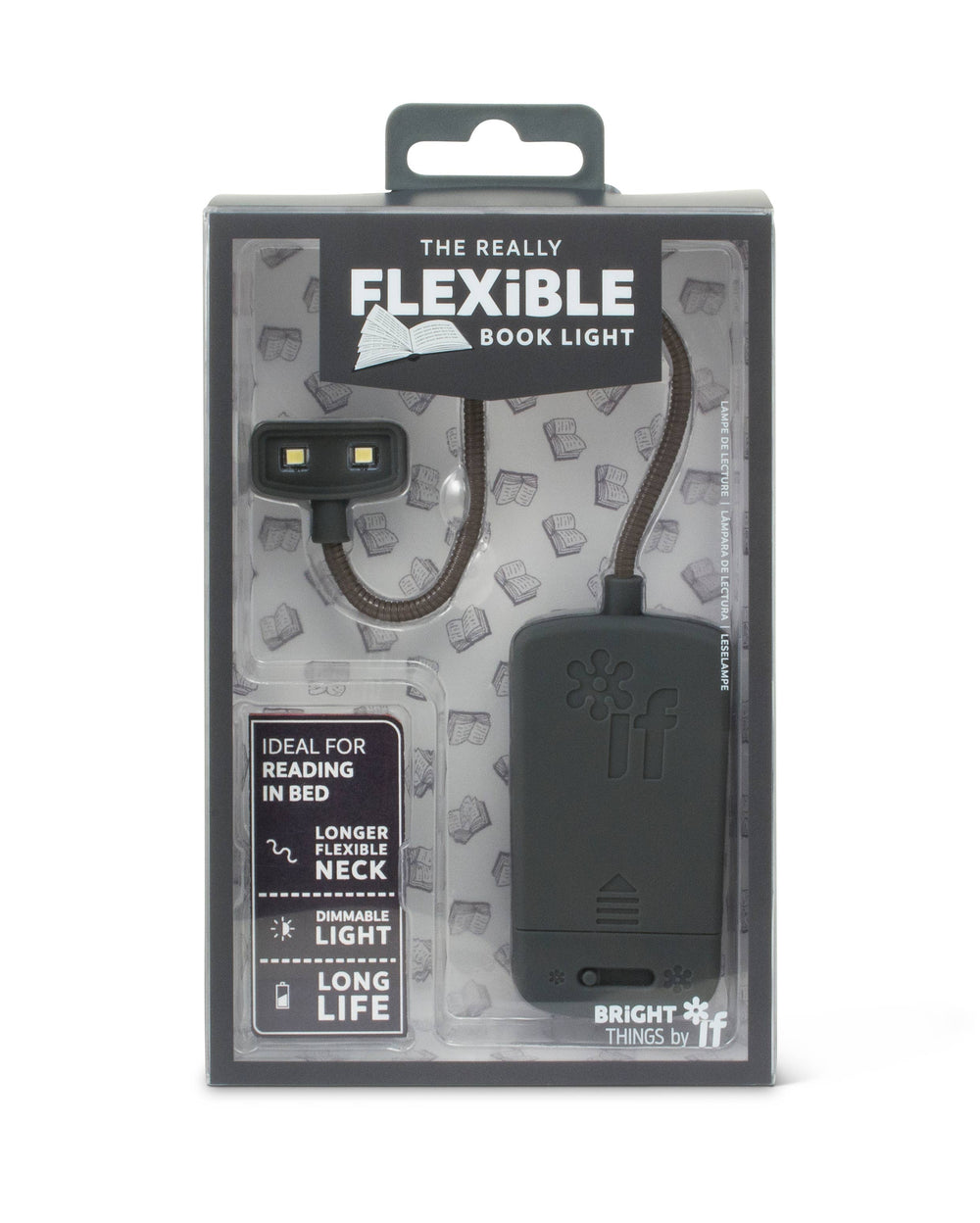 Packaging of a flexible book light with text on a white background