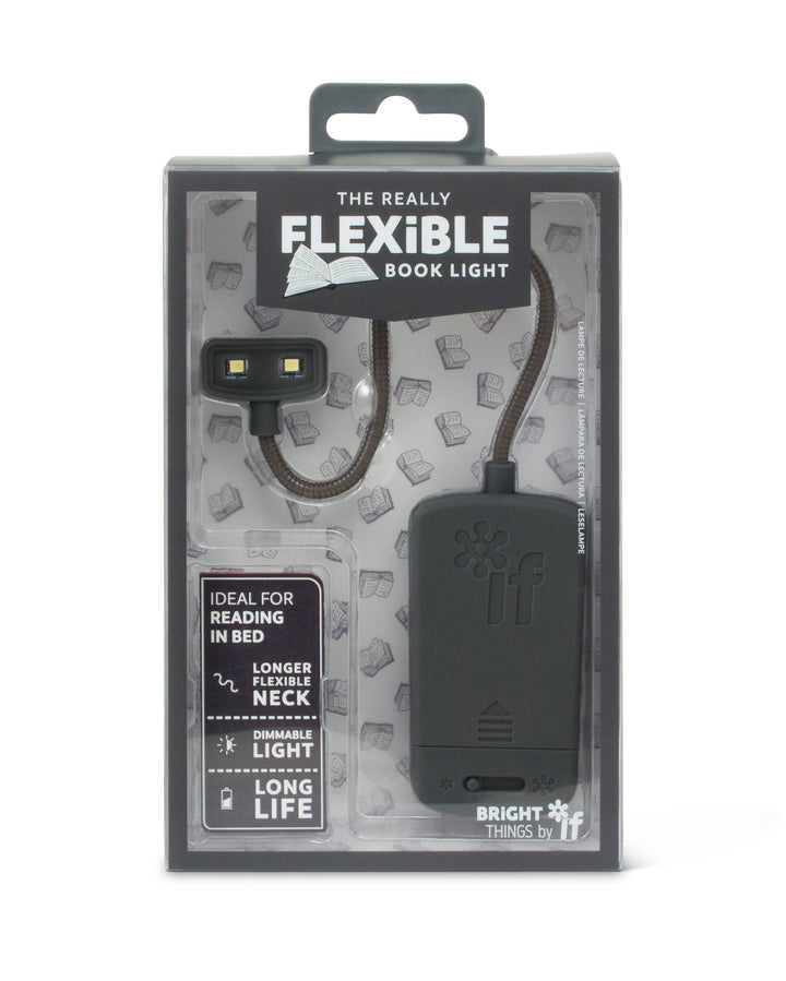 Packaging of a flexible book light with text on a white background
