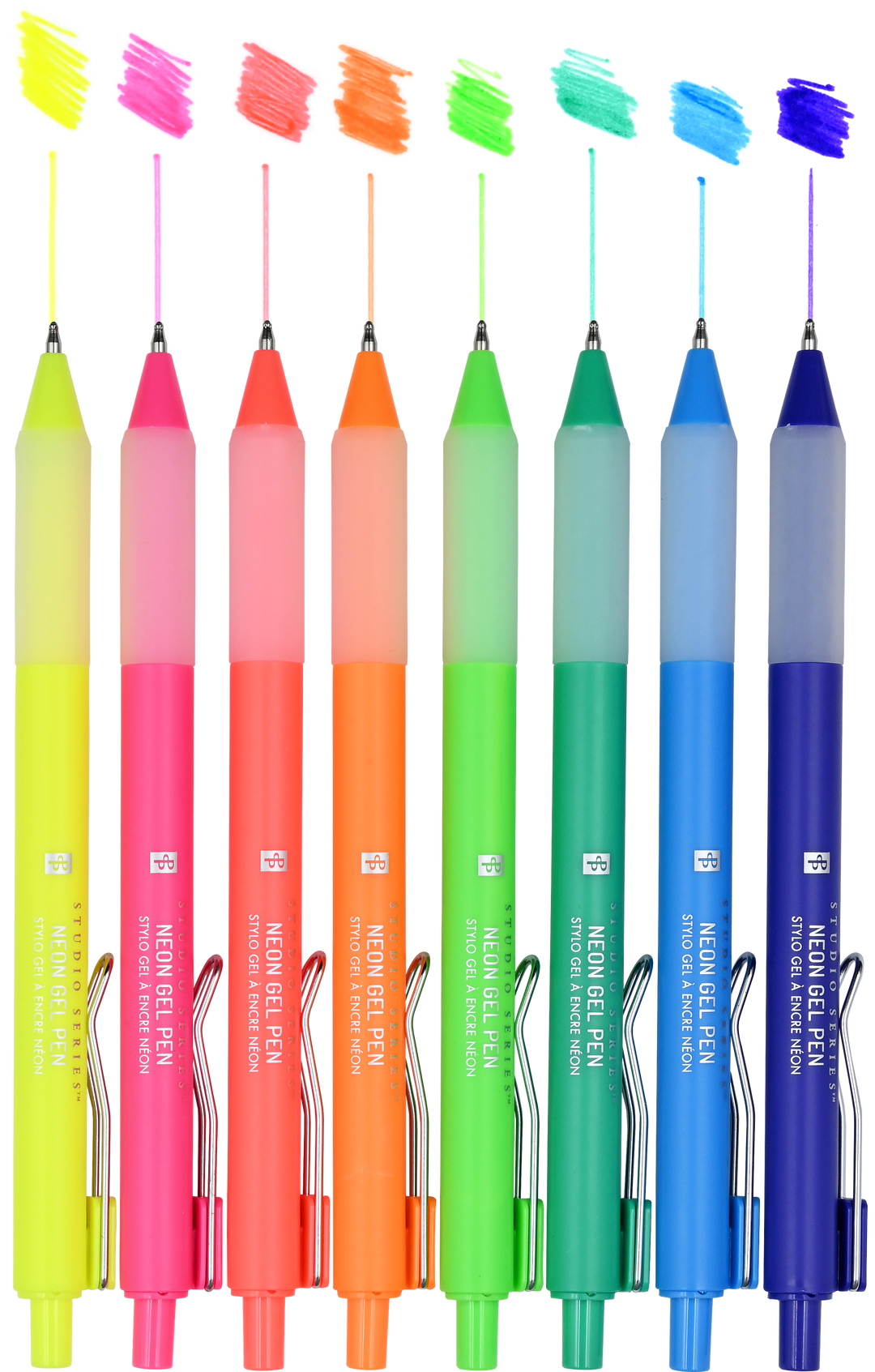Set of neon gel pens with gradient colors on a white background