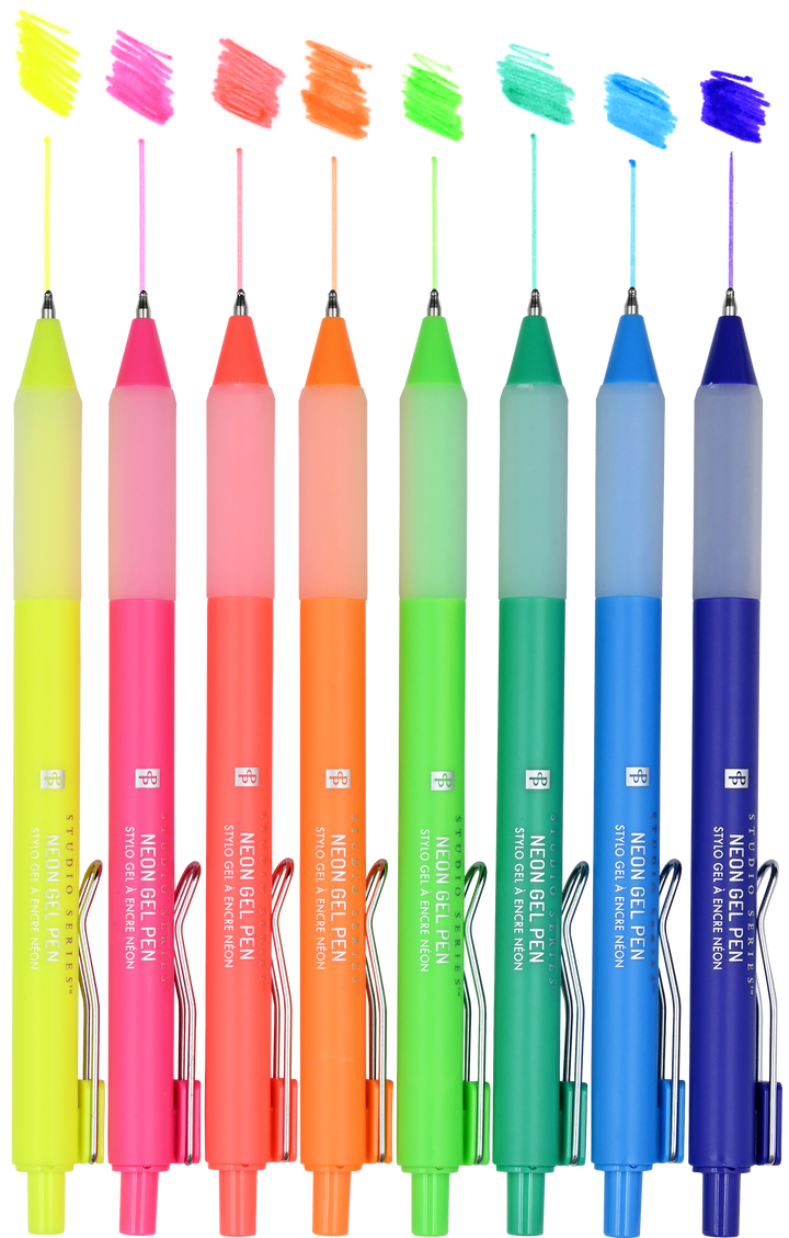 Set of neon gel pens with gradient colors on a white background