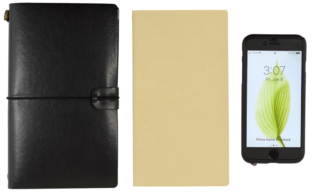 Black leather planner, beige notebook, and smartphone with green leaf icon on a white background