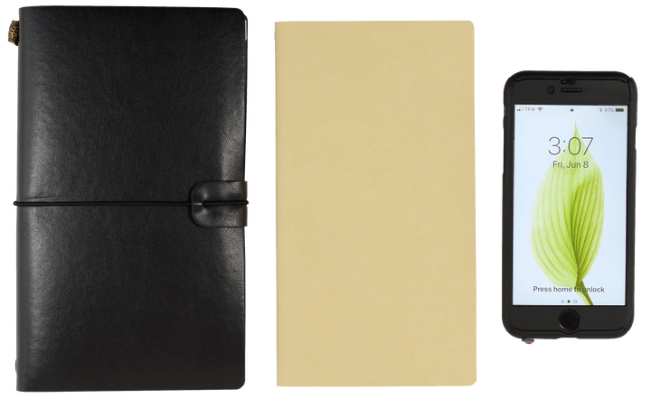 Black leather planner, beige notebook, and smartphone with green leaf icon on a white background