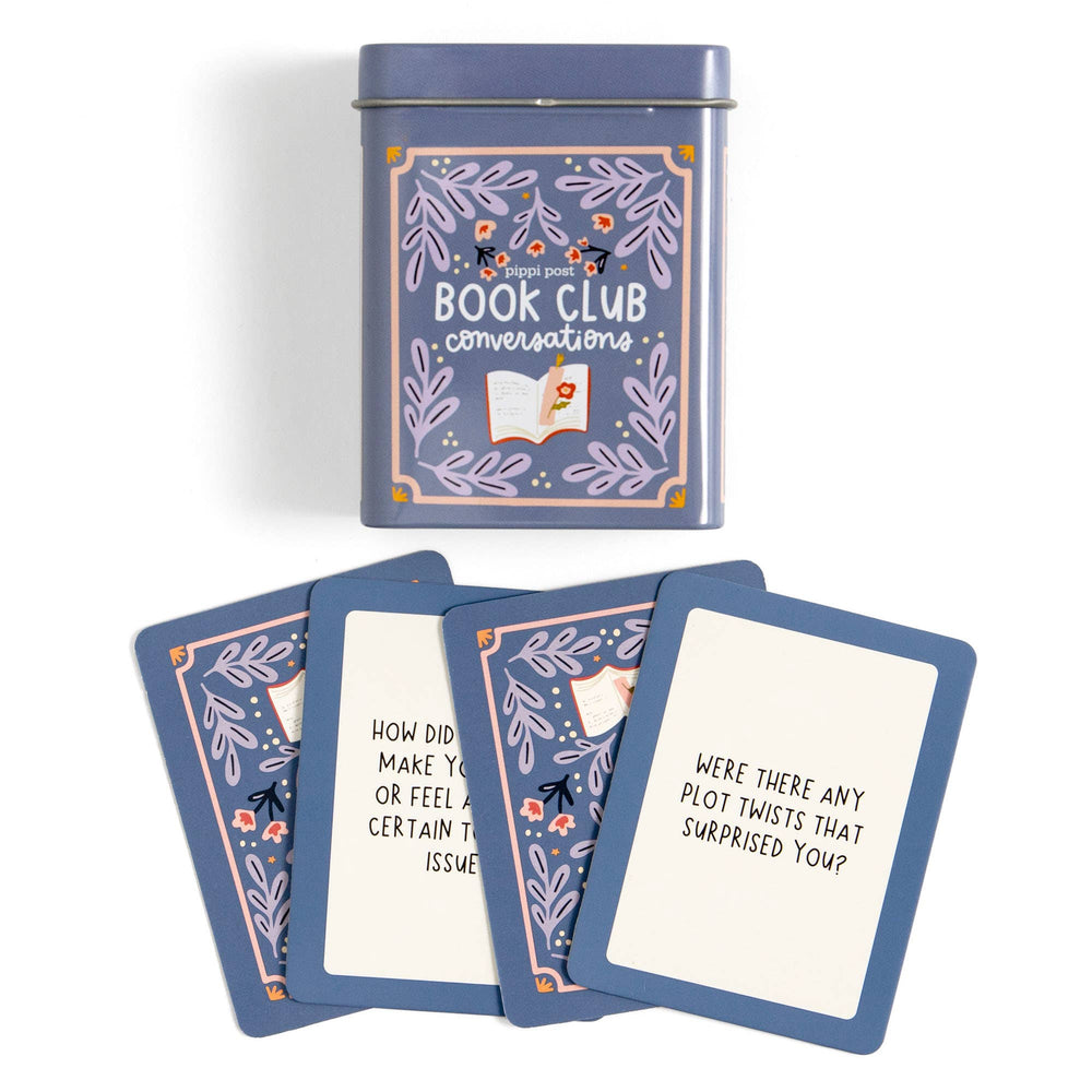 Book club conversation cards with a blue tin container on a white background
