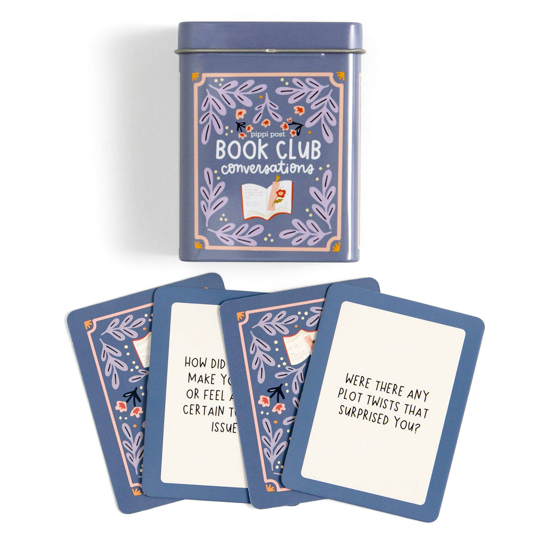 Book club conversation cards with a blue tin container on a white background