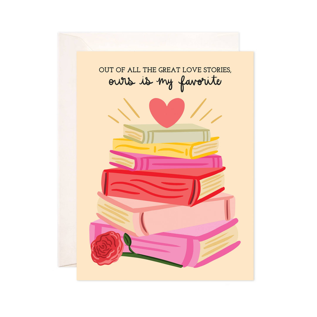Greeting card with books and a heart illustration on a beige background. Text reads &