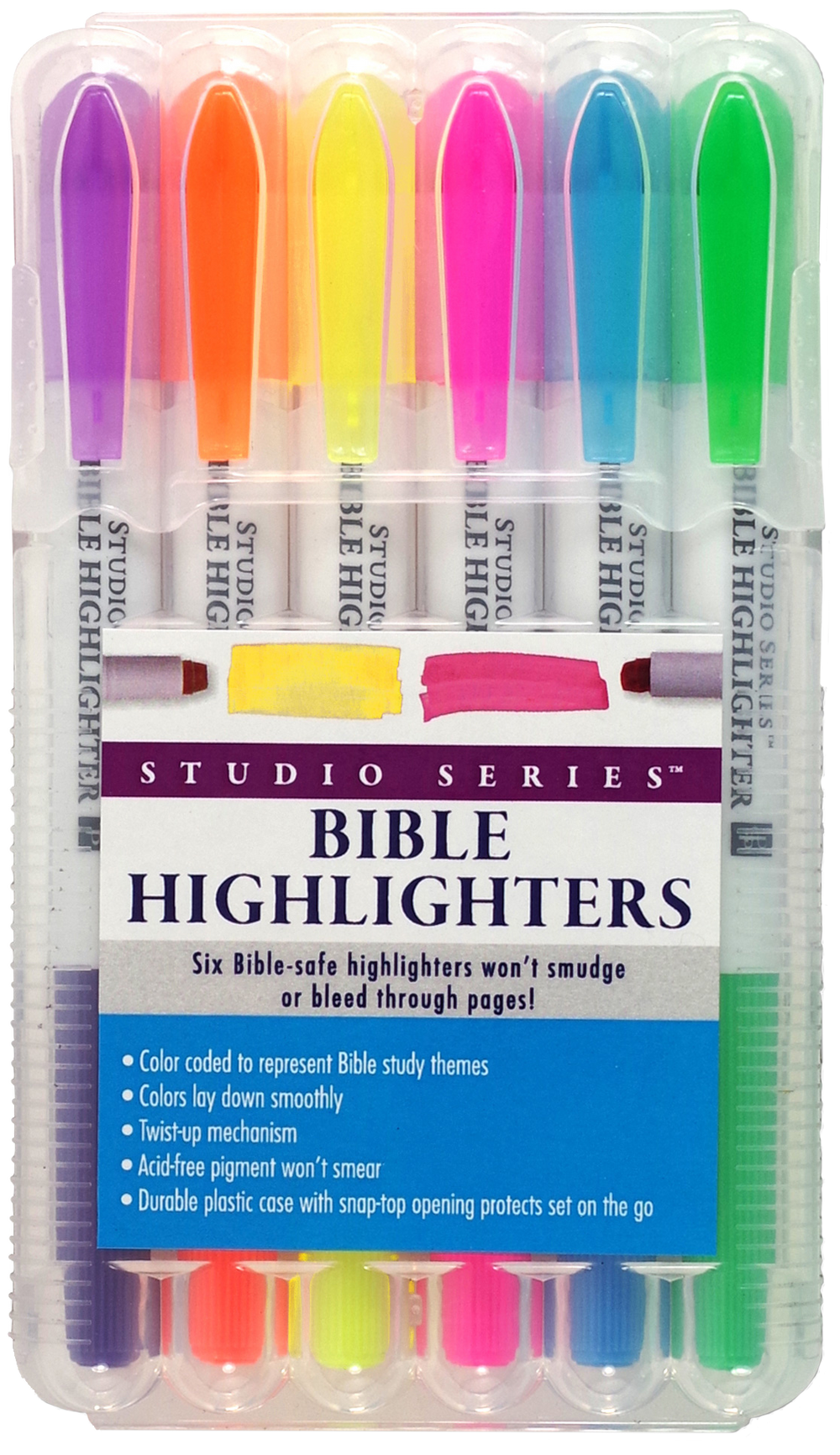 Set of Bible highlighters in various colors with packaging.