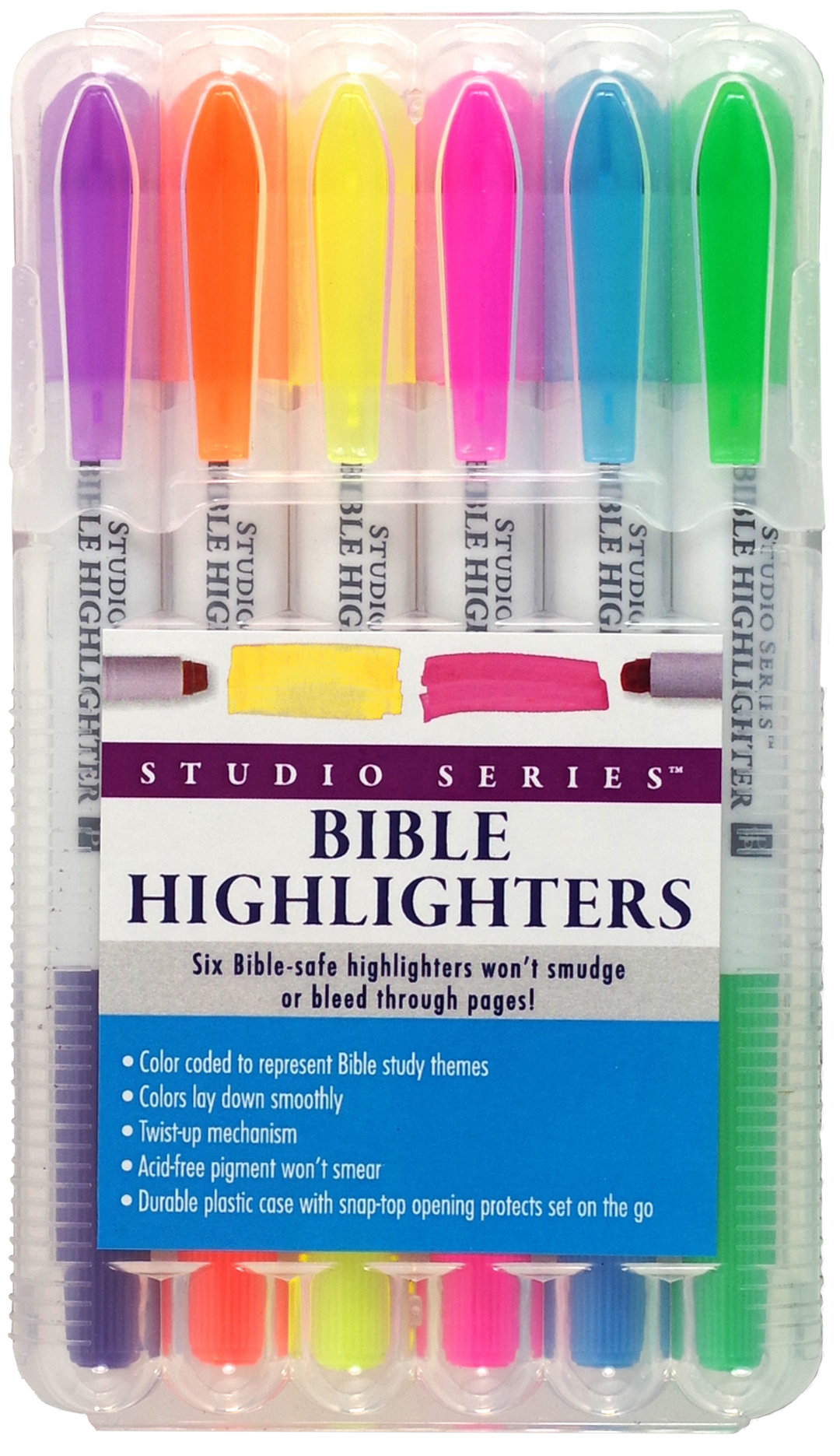 Set of Bible highlighters in various colors with packaging.