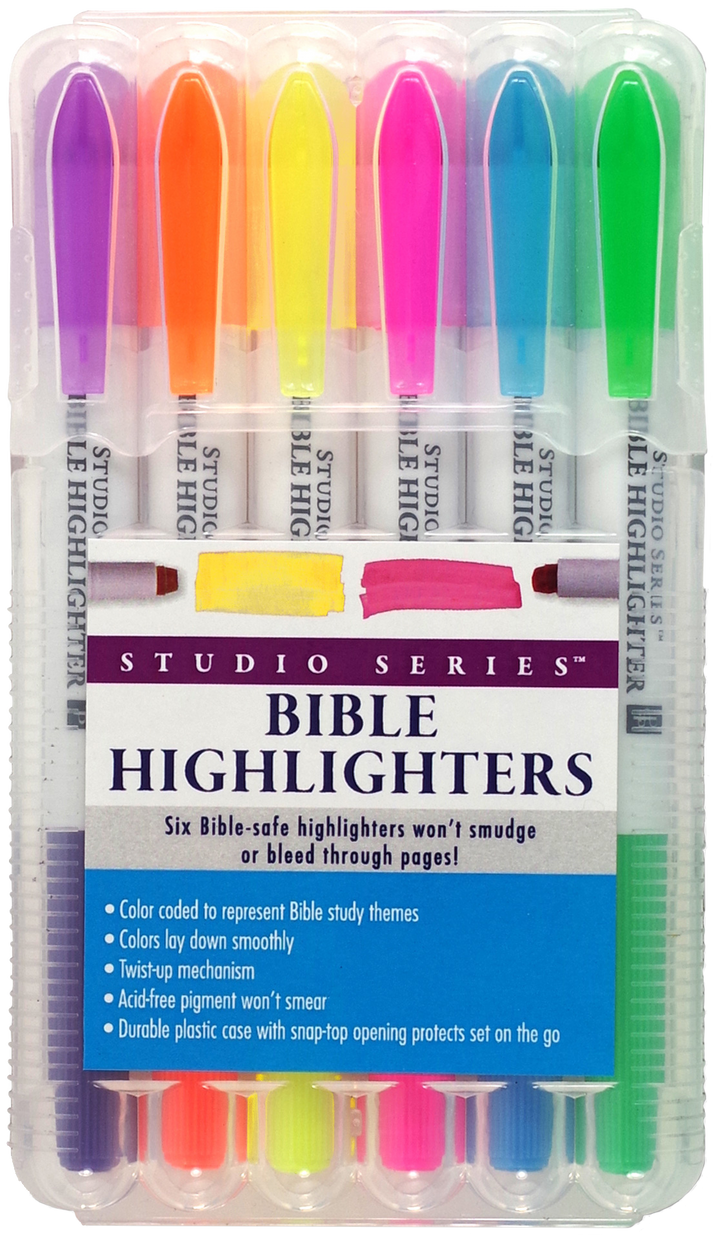 Set of Bible highlighters in various colors with packaging.