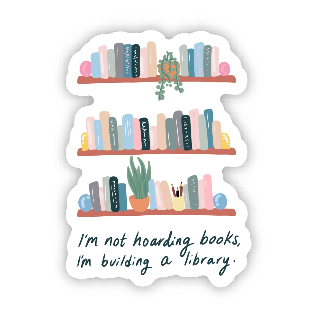 Sticker with a bookshelf illustration and text &