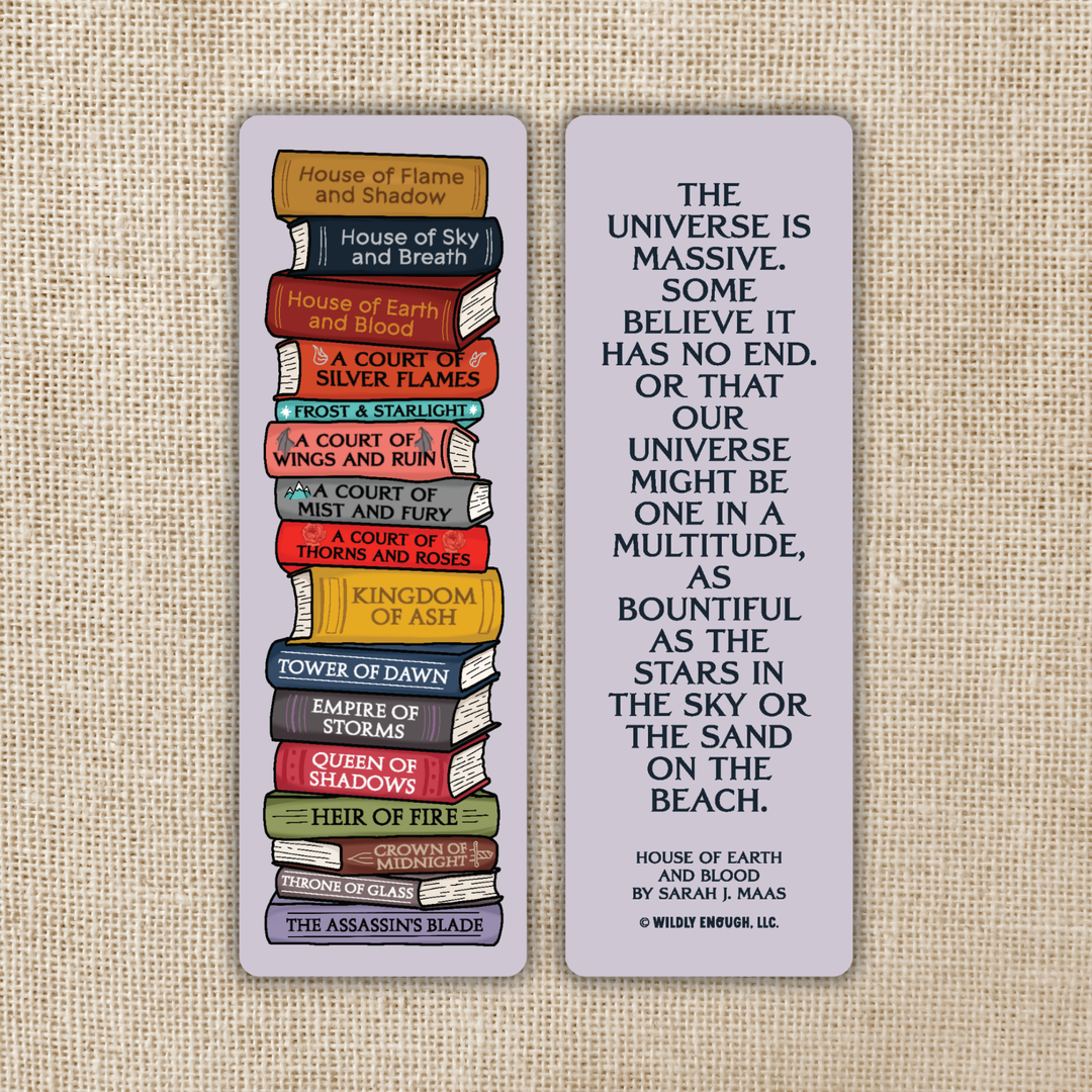 Bookmarks with book stack design and quote on a textured beige background