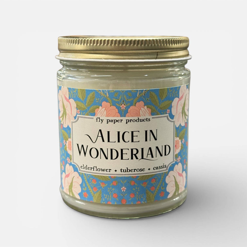 Candle jar labeled 'Alice in Wonderland'