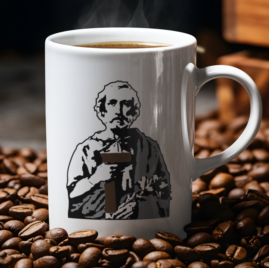 White mug with a black and white illustration of a person holding a coffee cup, surrounded by coffee beans.