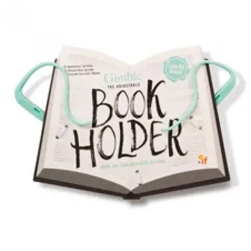 Book holder with turquoise handles on an open book