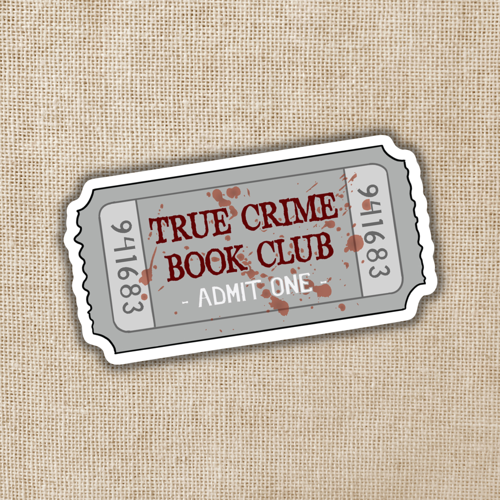Ticket-style sticker for True Crime Book Club on a textured beige background
