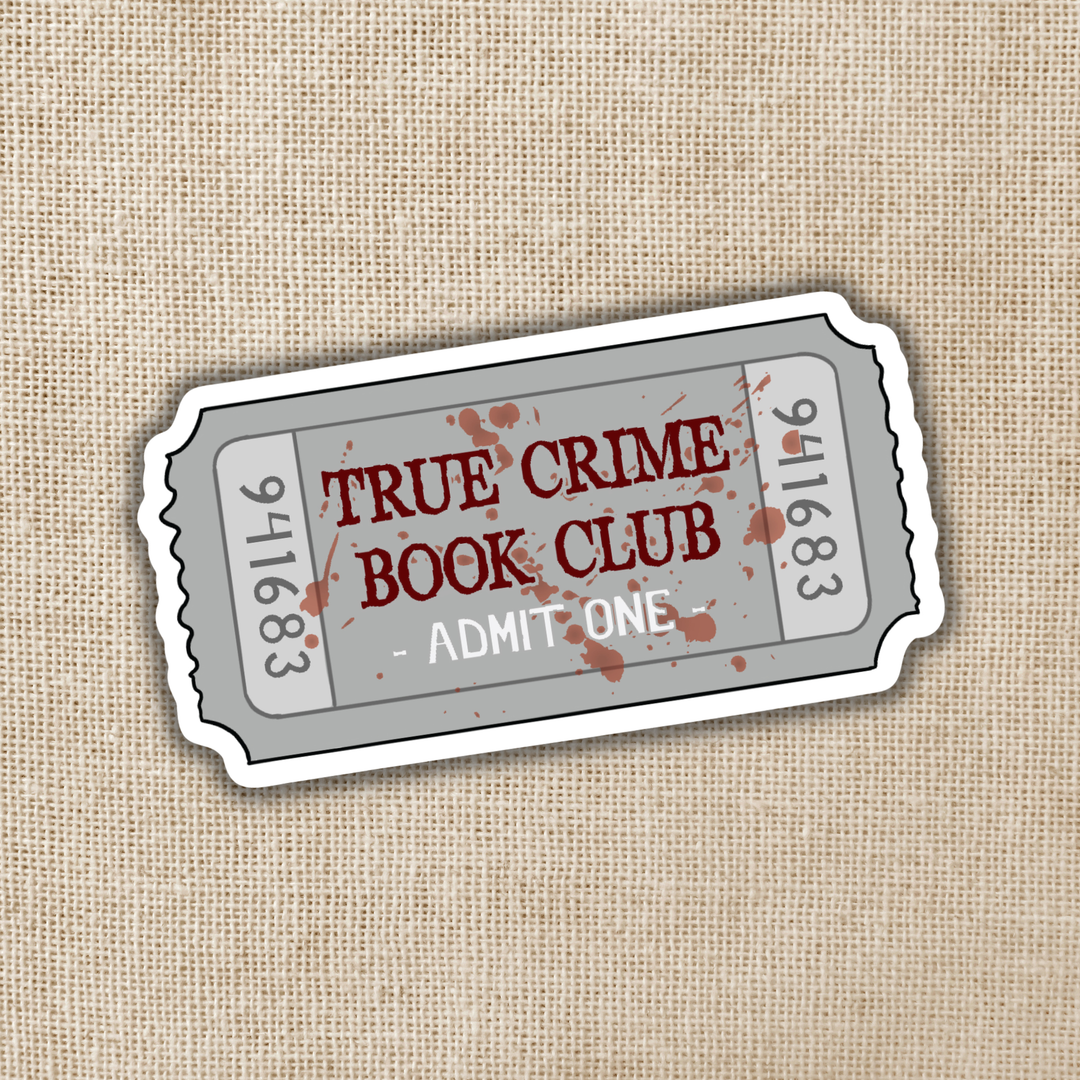 Ticket-style sticker for True Crime Book Club on a textured beige background