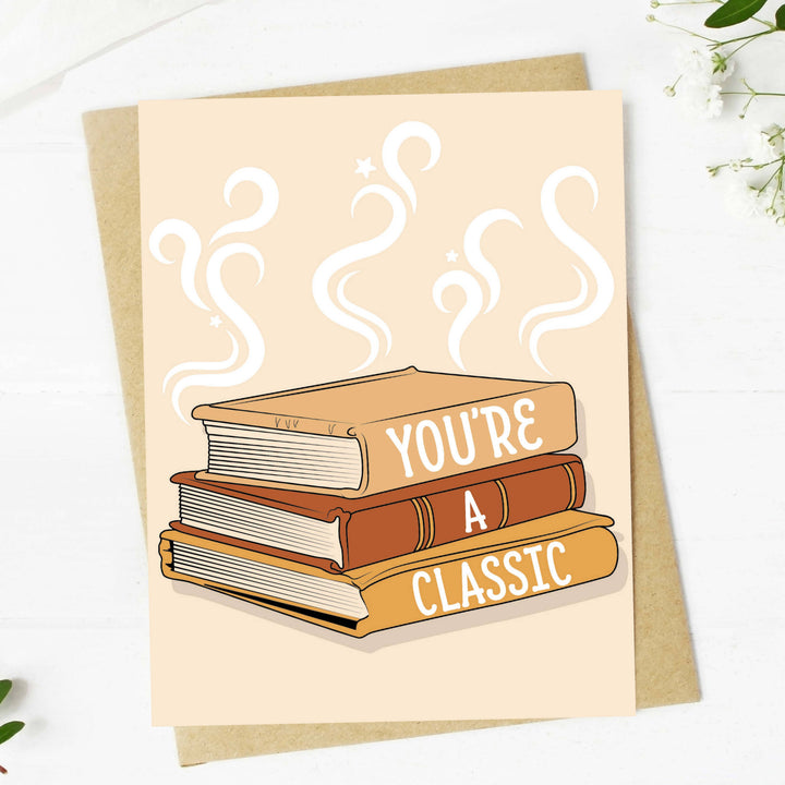 Greeting card with books illustration and text &