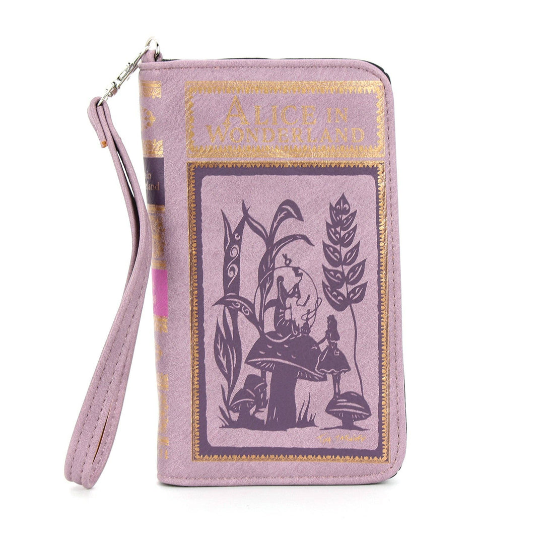 Purple book-shaped wallet with fairy tale design on a white background