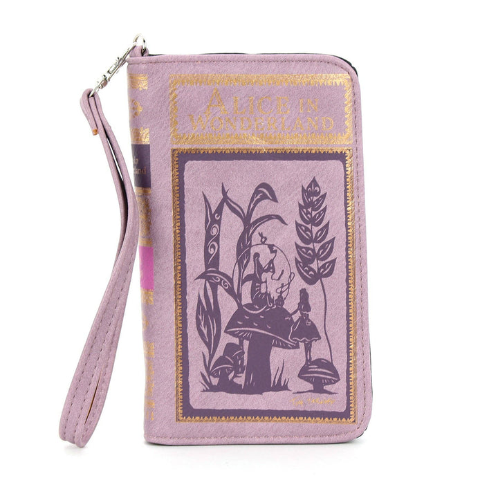Purple book-shaped wallet with fairy tale design on a white background