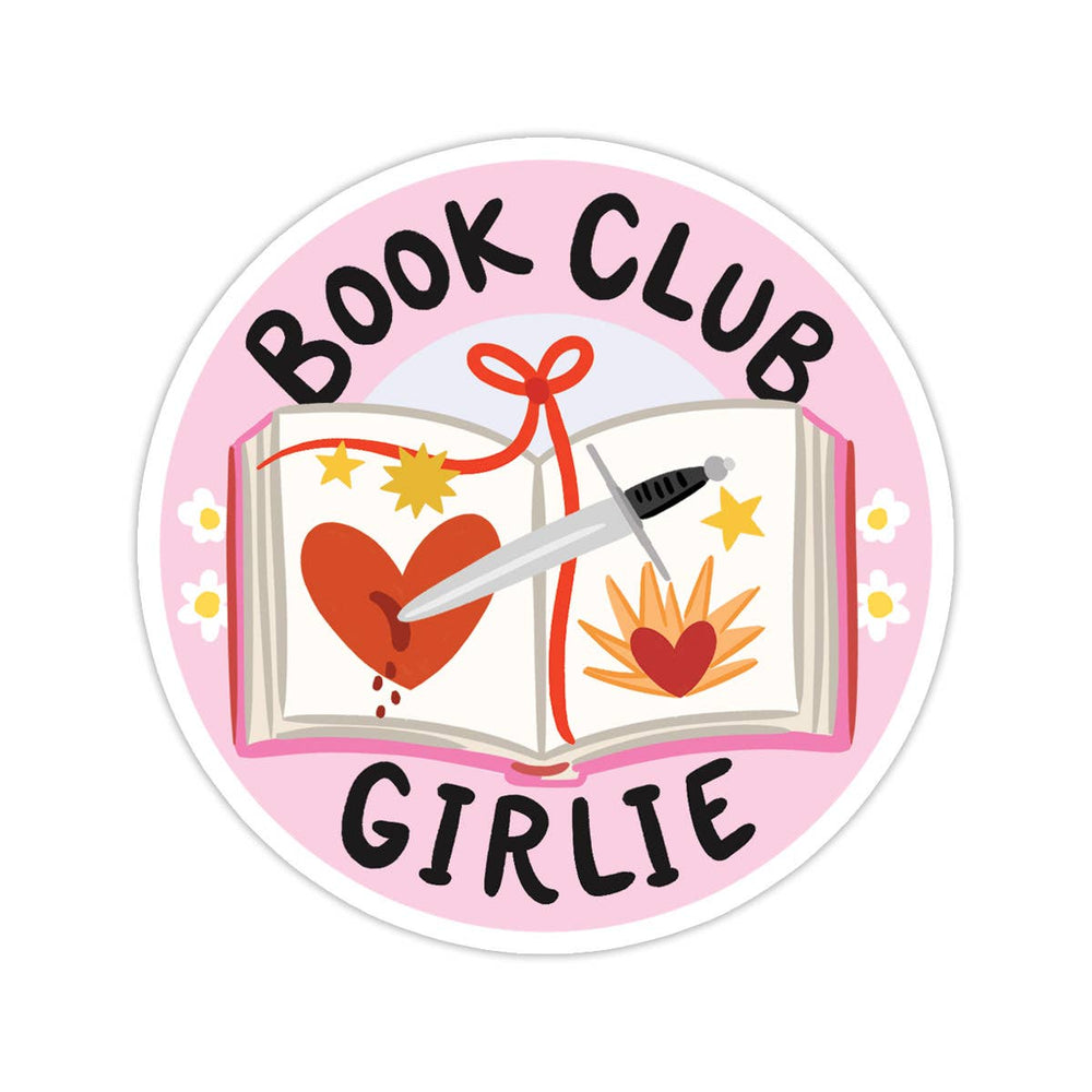 Sticker with 'Book Club Girlie' text and book illustration on a pink background