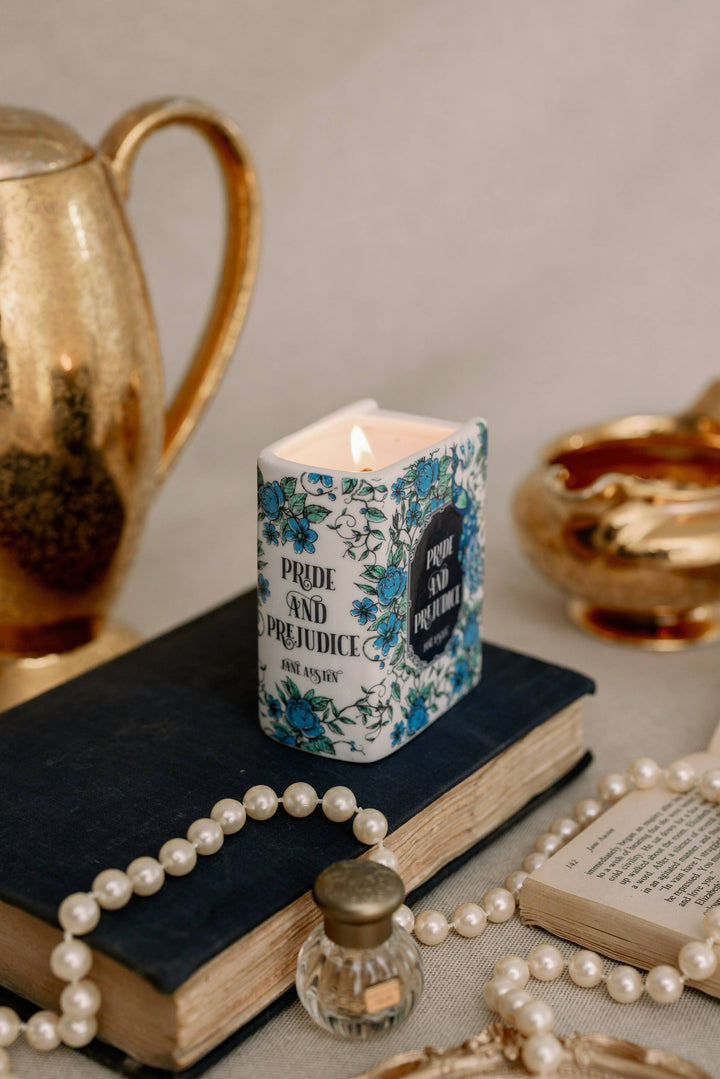 Miniature book-shaped candle with &