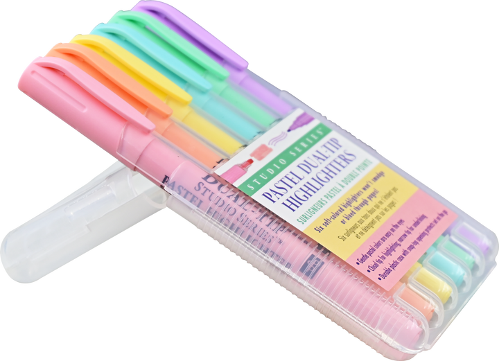 Set of pastel highlighters in a clear case on a white background
