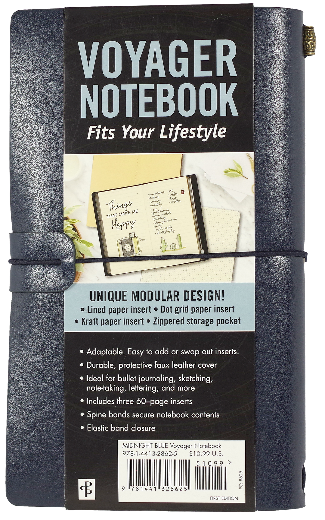 Voyager Notebook packaging with text and images of the notebook on a white background