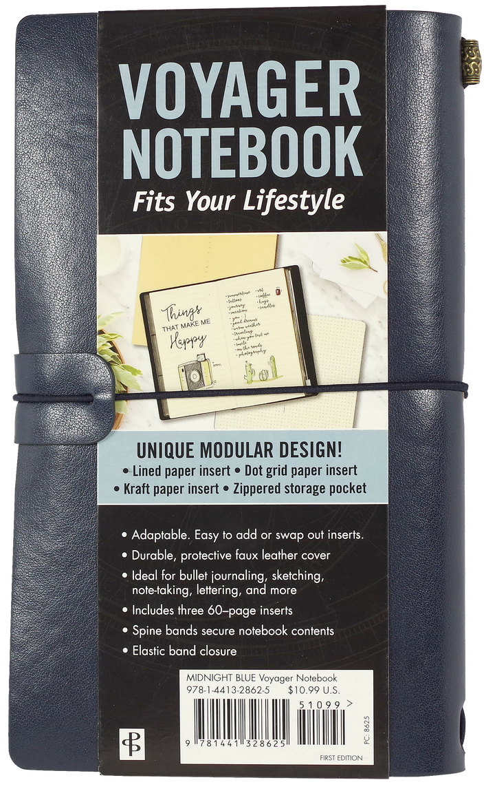 Voyager Notebook packaging with text and images of the notebook on a white background