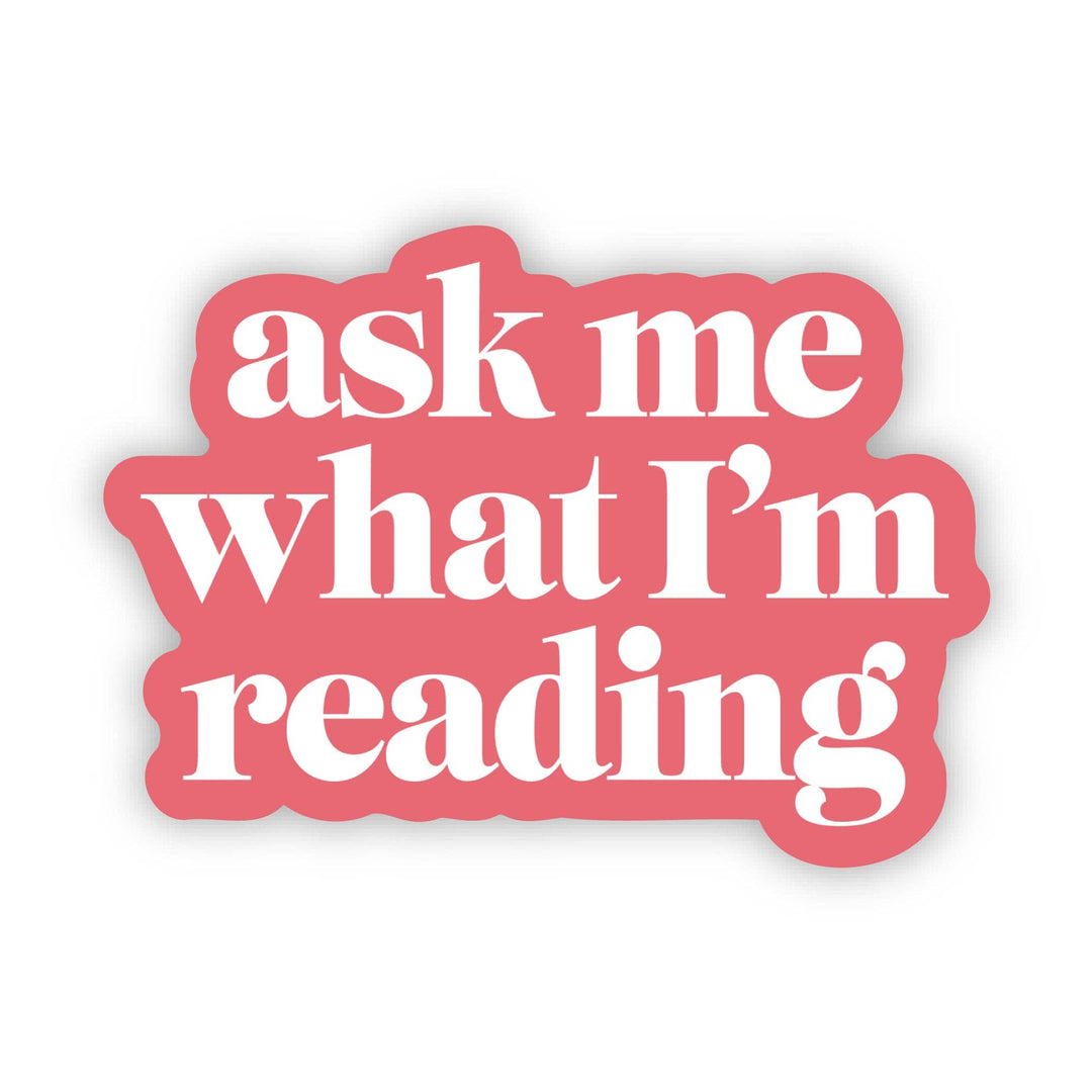 Pink sticker with white text &