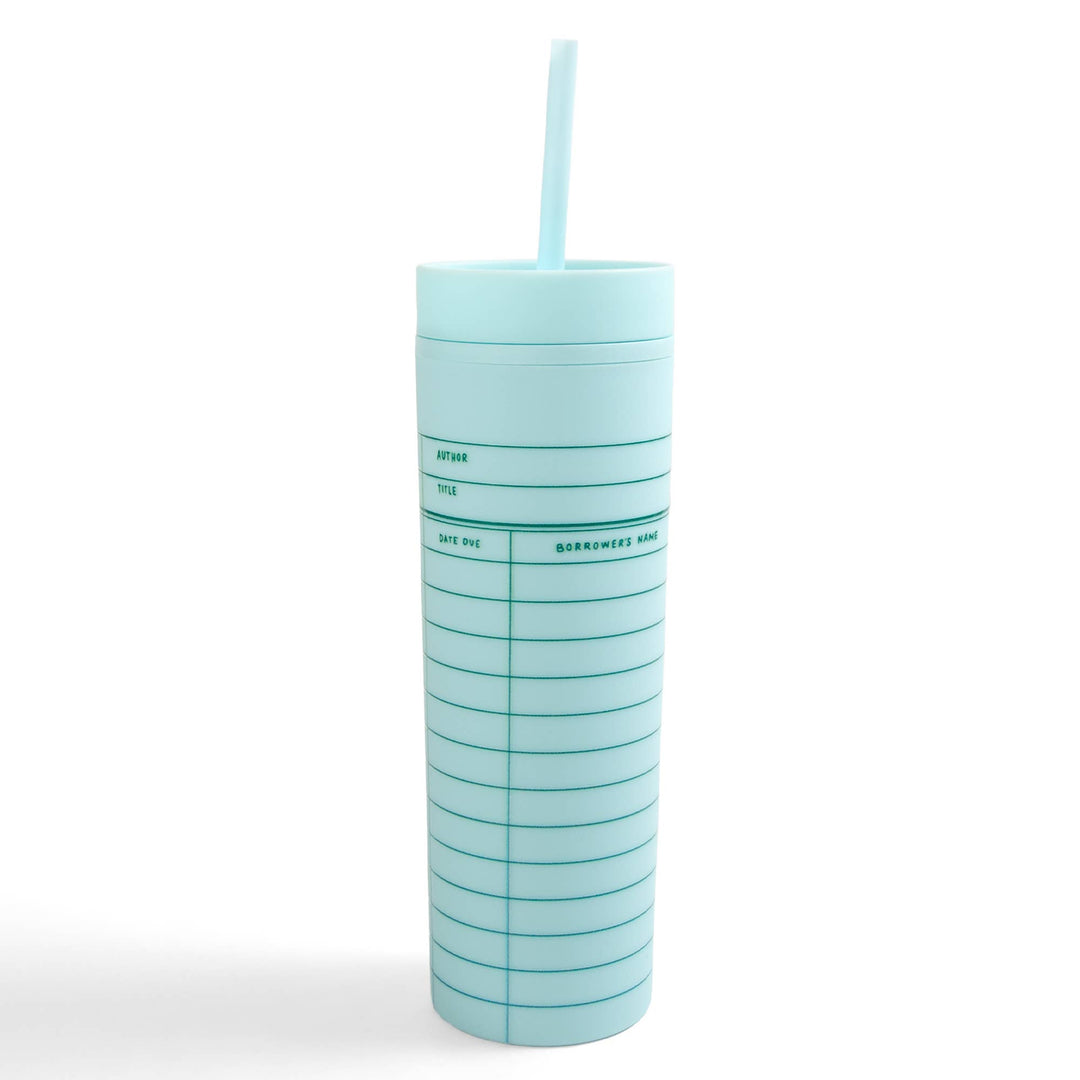 Light blue tumbler with a straw on a white background