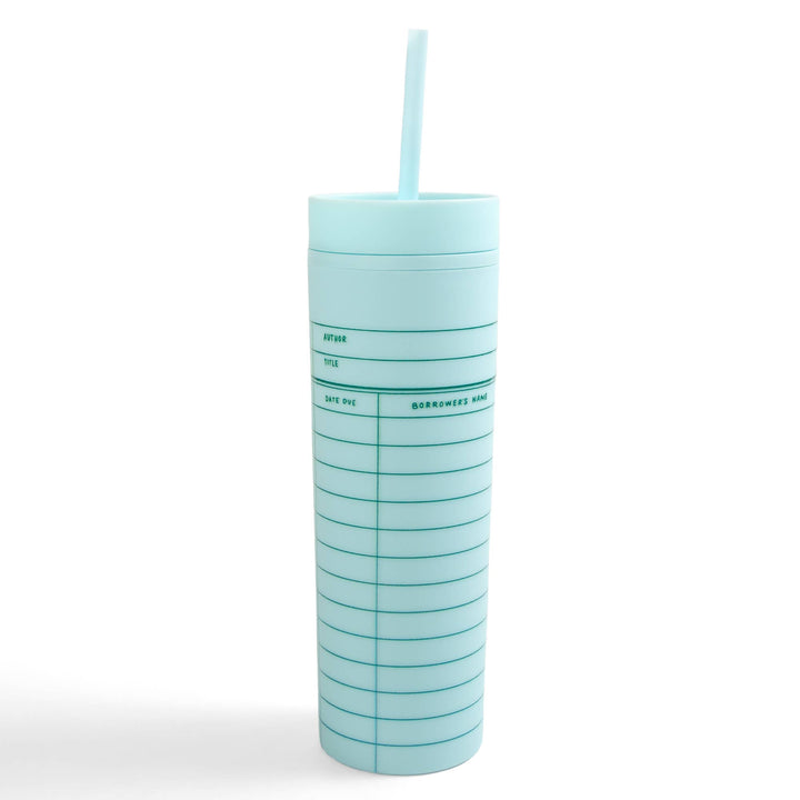 Light blue tumbler with a straw on a white background