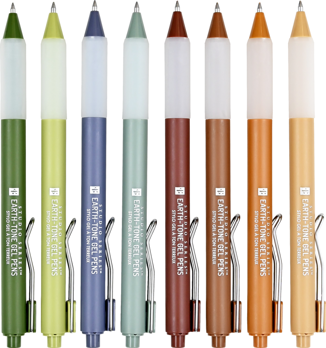 Set of Earth-Tone gel pens in various colors with visible brand name.